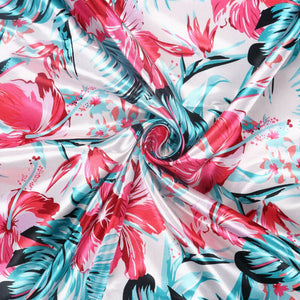 Aqua Blue And Salmon Red Floral Pattern Digital Print Ultra Satin Fabric