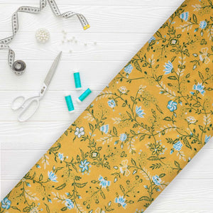 Yellow And Ocen Blue Floral Pattern Digital Print Ultra Satin Fabric