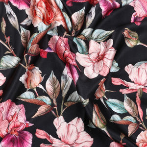 Black And Purple Floral Pattern Digital Print Silk Satin Fabric