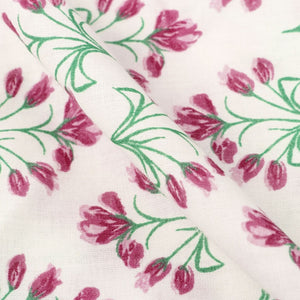 White And Pink Floral Pattern Screen Print Cambric Cotton Fabric (Bulk)