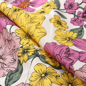 Dark Pink And Yellow Floral Pattern Screen Print Cambric Cotton Fabric