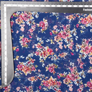 Blue And Pink Floral Pattern Screen Print Chiffon Fabric (Bulk)