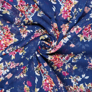 Blue And Pink Floral Pattern Screen Print Chiffon Fabric (Bulk)