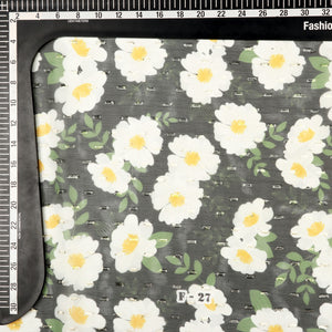 Black and White Floral Digital Print Chiffon Fabric with Golden Zari Dobby