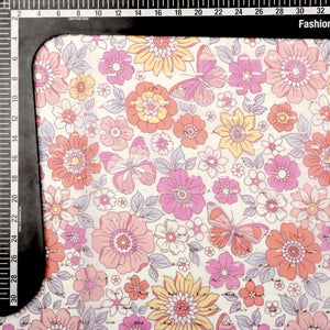 Orange and Pink Floral Digital Print Chiffon Fabric with Golden Zari Dobby