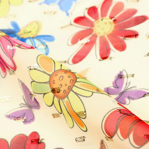Multi Color Floral Digital Print Chiffon Fabric with Golden Zari Dobby