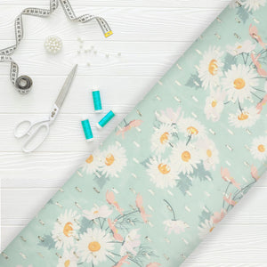 Mint Green and White Floral Pattern Digital Print Chiffon Fabric with Golden Zari Dobby