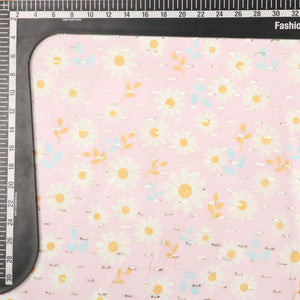 Baby Pink and White Floral Pattern Digital Print Chiffon Fabric with Golden Zari Dobby