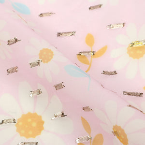 Baby Pink and White Floral Pattern Digital Print Chiffon Fabric with Golden Zari Dobby