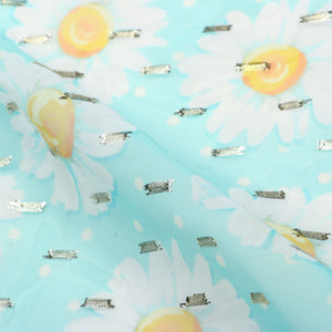 Light Turquoise and White Floral Pattern Digital Print Chiffon Fabric with Golden Zari Dobby