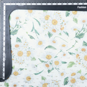 White and Green Floral Pattern Digital Print Chiffon Fabric with Golden Zari Dobby