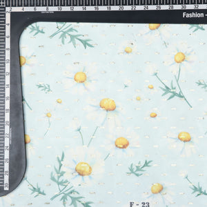 Light Pastel Blue and Yellow Floral Pattern Digital Print Chiffon Fabric with Golden Zari Dobby