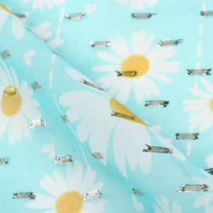 Light Turquoise and White Floral Pattern Digital Print Chiffon Fabric with Golden Zari Dobby