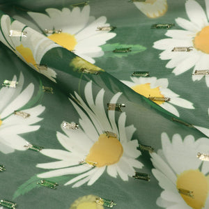 Moss Green and White Floral Pattern Digital Print Chiffon Fabric with Golden Zari Dobby