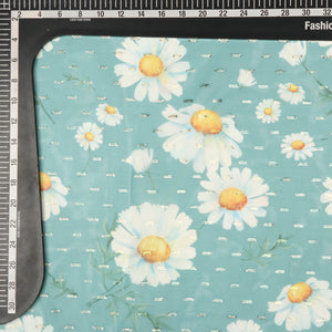 Greyish Turquoise and White Floral Pattern Digital Print Chiffon Fabric with Golden Zari Dobby