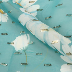 Greyish Turquoise and White Floral Pattern Digital Print Chiffon Fabric with Golden Zari Dobby