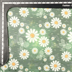 Olive Green and White Floral Pattern Digital Print Chiffon Fabric with Golden Zari Dobby