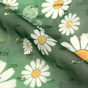 Olive Green and White Floral Pattern Digital Print Chiffon Fabric with Golden Zari Dobby