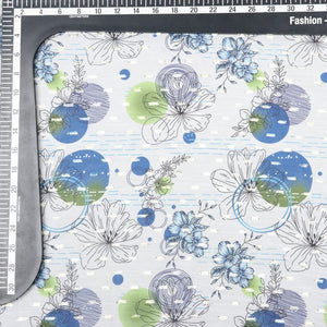 White And Blue Floral Pattern Digital Print Chiffon Fabric with Golden Zari Dobby