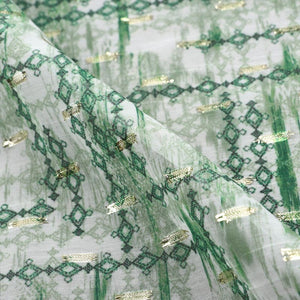 Leaf Green And White Abstract Pattern Digital Print Chiffon Fabric with Golden Zari Dobby