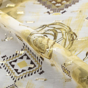 White And Yellow Floral Pattern Digital Print Chiffon Fabric with Golden Zari Dobby