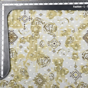 White And Yellow Floral Pattern Digital Print Chiffon Fabric with Golden Zari Dobby