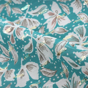 Turquoise And White Floral Pattern Digital Print Chiffon Fabric with Golden Zari Dobby