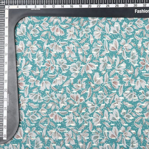 Turquoise And White Floral Pattern Digital Print Chiffon Fabric with Golden Zari Dobby