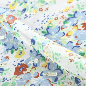 Baby Blue And White Floral Pattern Digital Print Chiffon Fabric with Golden Zari Dobby