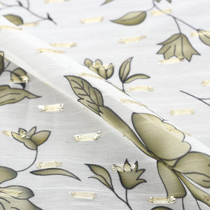 White And Olive Green Floral Pattern Digital Print Chiffon Fabric with Golden Zari Dobby