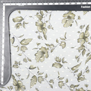 White And Olive Green Floral Pattern Digital Print Chiffon Fabric with Golden Zari Dobby