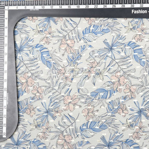 White And Blue Floral Pattern Digital Print Chiffon Fabric with Golden Zari Dobby