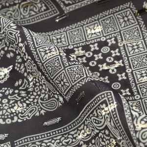 Black And White Traditional Pattern Digital Print Chiffon Fabric with Golden Zari Dobby