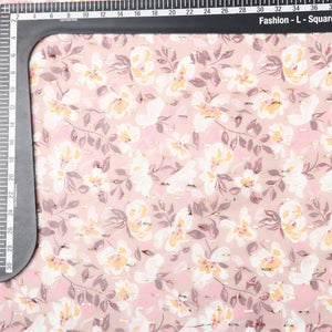 Peach And White Floral Pattern Digital Print Chiffon Fabric with Golden Zari Dobby