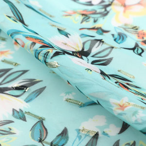 Turquoise And White Floral Pattern Digital Print Chiffon Fabric with Golden Zari Dobby