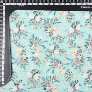 Turquoise And White Floral Pattern Digital Print Chiffon Fabric with Golden Zari Dobby