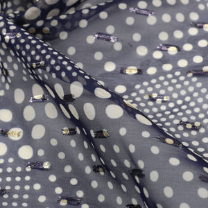 Dark Blue And White Polka Dots Pattern Digital Print Chiffon Fabric with Golden Zari Dobby