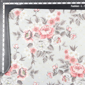 Light Grey And Dark Pink Floral Pattern Digital Print Chiffon Fabric with Golden Zari Dobby