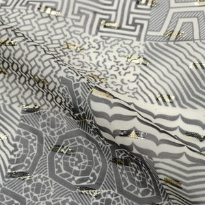 Ivory And Black Traditional Pattern Digital Print Chiffon Fabric with Golden Zari Dobby