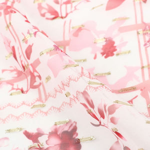 Pink And White Floral Pattern Digital Print Chiffon Fabric with Golden Zari Dobby