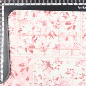 Pink And White Floral Pattern Digital Print Chiffon Fabric with Golden Zari Dobby