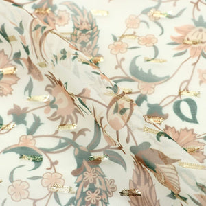 Dusty Orange And Beige Floral Pattern Digital Print Chiffon Fabric with Golden Zari Dobby