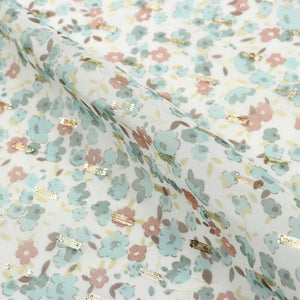 Mint Green And Rust Red Floral Pattern Digital Print Chiffon Fabric with Golden Zari Dobby