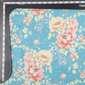 Blue And Peach Floral Pattern Digital Print Chiffon Golden Dobby Fabric