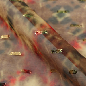 Dusty Olive And Blood Red Shibori Pattern Digital Print Chiffon With Golden Zari Dobby Fabric