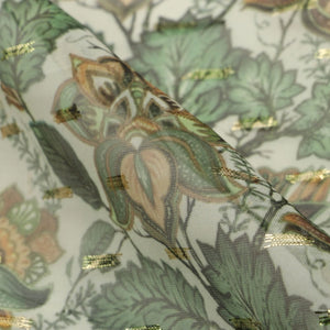 Green And Dusty Olive Floral Pattern Digital Print Chiffon With Golden Zari Dobby Fabric