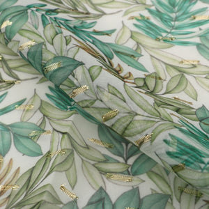 Green And White Leaf Pattern Digital Print Chiffon With Golden Zari Dobby Fabric