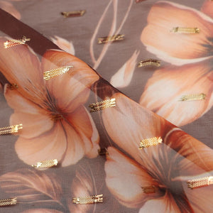 Brown And Orange Floral Pattern Digital Print Chiffon With Golden Zari Dobby Fabric