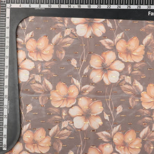 Brown And Orange Floral Pattern Digital Print Chiffon With Golden Zari Dobby Fabric