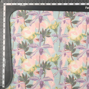 Lavender And Green Floral Pattern Digital Print Chiffon With Golden Zari Dobby Fabric